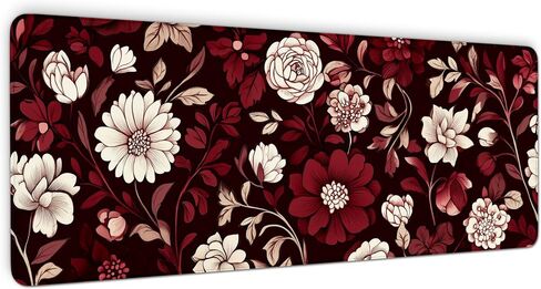 Burgundy Flower Pattern Mousepad Desk Mat for Office & Home, Floral Plant Mouse Pad for Desk, Vintage Computer Mat, Desk Mat with Seamed Edges and Non-Slip Base, 31.5 X 11.8 Inch, 3mm Thick in Saudi Arabia