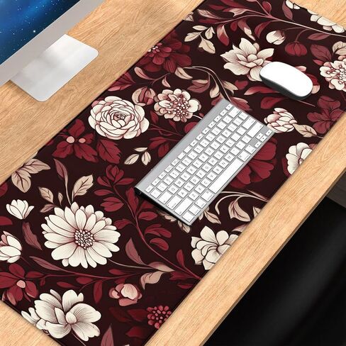 Burgundy Flower Pattern Mousepad Desk Mat for Office & Home, Floral Plant Mouse Pad for Desk, Vintage Computer Mat, Desk Mat with Seamed Edges and Non-Slip Base, 31.5 X 11.8 Inch, 3mm Thick in Saudi Arabia