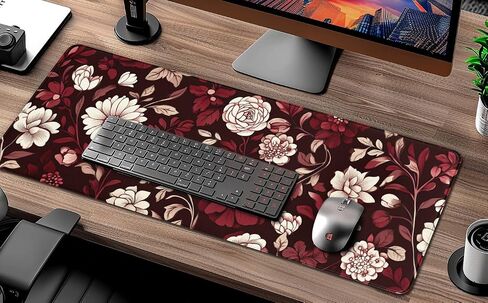 Burgundy Flower Pattern Mousepad Desk Mat for Office & Home, Floral Plant Mouse Pad for Desk, Vintage Computer Mat, Desk Mat with Seamed Edges and Non-Slip Base, 31.5 X 11.8 Inch, 3mm Thick in Saudi Arabia