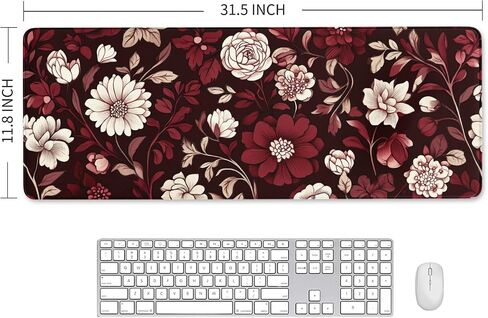 Burgundy Flower Pattern Mousepad Desk Mat for Office & Home, Floral Plant Mouse Pad for Desk, Vintage Computer Mat, Desk Mat with Seamed Edges and Non-Slip Base, 31.5 X 11.8 Inch, 3mm Thick in Saudi Arabia