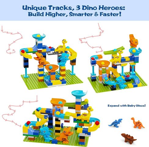 Marble Run Building Blocks for Kids Ages 3+ | 121-Piece Dinosaur STEM Toy with 6 Dinosaurs & 2 Baseplates | Durable Construction Set with Step-by-Step Guide in Saudi Arabia