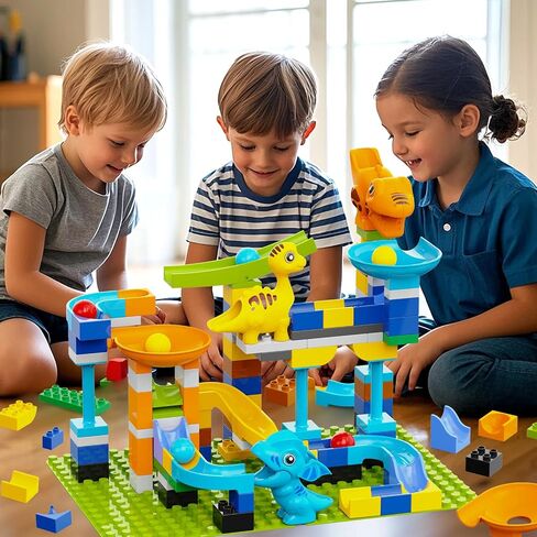 Marble Run Building Blocks for Kids Ages 3+ | 121-Piece Dinosaur STEM Toy with 6 Dinosaurs & 2 Baseplates | Durable Construction Set with Step-by-Step Guide in Saudi Arabia