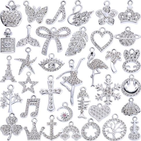 سحر حجر الراين ذو اللون الفضي مجموعة لصنع المجوهرات DIY - 36 PCS معلقات معدنية متنوعة للأساور والقلائد والأقراط وأدوات المفاتيح - لوازم الحرف الأنيقة ، وأفكار الهدايا لمحبي المجوهرات in Kuwait