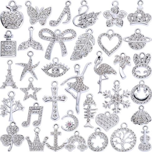 سحر حجر الراين ذو اللون الفضي مجموعة لصنع المجوهرات DIY - 36 PCS معلقات معدنية متنوعة للأساور والقلائد والأقراط وأدوات المفاتيح - لوازم الحرف الأنيقة ، وأفكار الهدايا لمحبي المجوهرات in Kuwait
