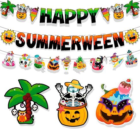 HOWAF Summerween Banner, Happy Summerween Decorations Banner, Summer Halloween Party Garland, Halloween In Summer Decor Sign, Hawaii Themed Hallows' Eve Ghost Hanging Garland in Saudi Arabia