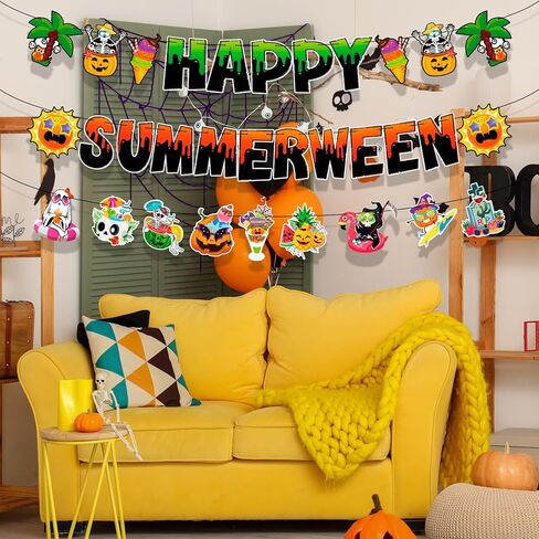 HOWAF Summerween Banner, Happy Summerween Decorations Banner, Summer Halloween Party Garland, Halloween In Summer Decor Sign, Hawaii Themed Hallows' Eve Ghost Hanging Garland in Saudi Arabia