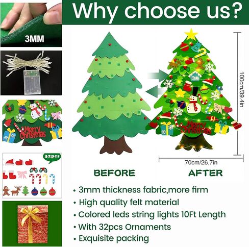 LNV DIY Felt Christmas Tree Set with 32pcs Christmas Ornamentsfor Kids Xmas Decorations,Kids Xmas Gifts, New Year Door Wall Hanging Christmas Decorations Christmas Tree with LED Lights in Saudi Arabia
