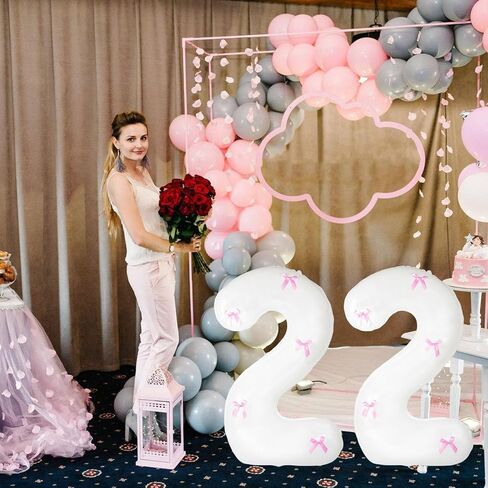 40 بوصة أبيض البالونات مع القوس الوردي Coquette ديكورات عيد ميلاد العملاق رقم 1 رقائق البالون لحفلة عيد ميلاد الفتاة الوردي ، الذكرى السنوية ، حفل زفاف ، اقتراح ، ديكور التخرج in Kuwait