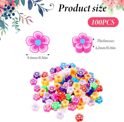 100 Pcs Flower Beads Colored Polymer Clay Flatback Beads Charms Cute Flower Charms for Craft Necklace Bracelets Earrings Key Chains Jewelry Making DIY Accessories in Saudi Arabia