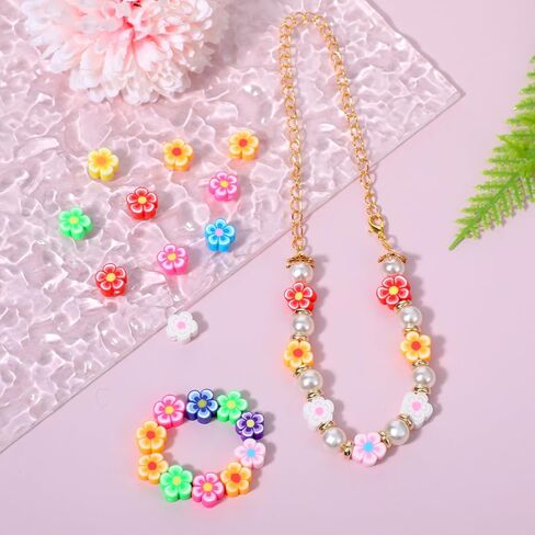 100 Pcs Flower Beads Colored Polymer Clay Flatback Beads Charms Cute Flower Charms for Craft Necklace Bracelets Earrings Key Chains Jewelry Making DIY Accessories in Saudi Arabia