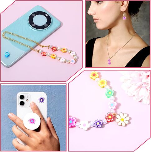 100 Pcs Flower Beads Colored Polymer Clay Flatback Beads Charms Cute Flower Charms for Craft Necklace Bracelets Earrings Key Chains Jewelry Making DIY Accessories in Saudi Arabia