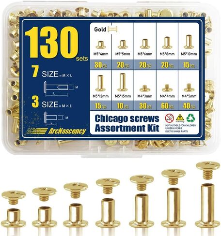 ArcNascency 130 Sets Gold Chicago Screws Leather Rivets Kit, 7 Sizes (M5*4,5,6,8,10,12,15) & 3 Screw Lengths (M4*3,4,5) for Belts, Bookbinding, DIY Leather (Gold) in Saudi Arabia