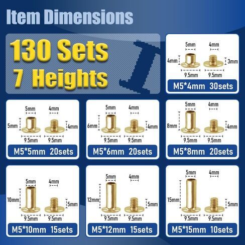 ArcNascency 130 Sets Gold Chicago Screws Leather Rivets Kit, 7 Sizes (M5*4,5,6,8,10,12,15) & 3 Screw Lengths (M4*3,4,5) for Belts, Bookbinding, DIY Leather (Gold) in Saudi Arabia