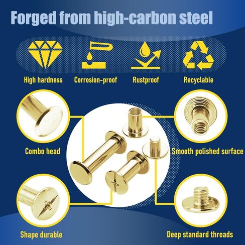 ArcNascency 130 Sets Gold Chicago Screws Leather Rivets Kit, 7 Sizes (M5*4,5,6,8,10,12,15) & 3 Screw Lengths (M4*3,4,5) for Belts, Bookbinding, DIY Leather (Gold) in Saudi Arabia