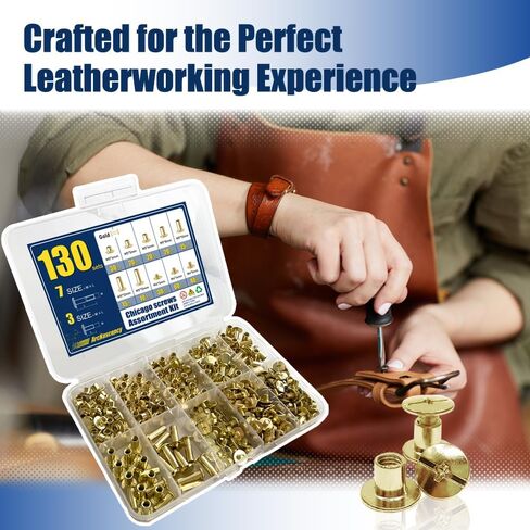 ArcNascency 130 Sets Gold Chicago Screws Leather Rivets Kit, 7 Sizes (M5*4,5,6,8,10,12,15) & 3 Screw Lengths (M4*3,4,5) for Belts, Bookbinding, DIY Leather (Gold) in Saudi Arabia