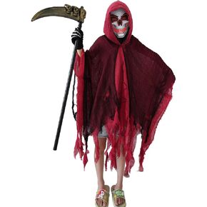 2025 Grim Reaper Costume Scary Halloween Costumes for Kids With LED Mask,Hooded Cloak,Scythe,Gloves Included in Saudi Arabia