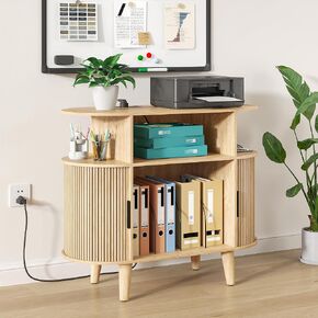 Round Printer Stand with Charging Station & USB Ports, 35.4 x15.7 x 30 Inches Large Printer Table 3 Tier with Storage Shelf for Home Office (Walnut) in Saudi Arabia