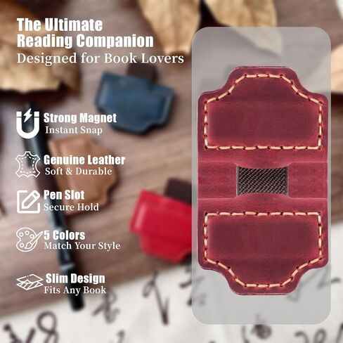 Pen Holder Bookmark, Mark Magnetic Leather Design for Reading Enthusiasts, Women & Travelers (Wine Red) in Kuwait