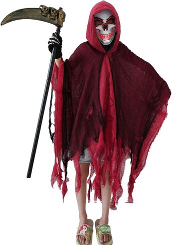 2025 Grim Reaper Costume Scary Halloween Costumes for Kids With LED Mask,Hooded Cloak,Scythe,Gloves Included in Saudi Arabia