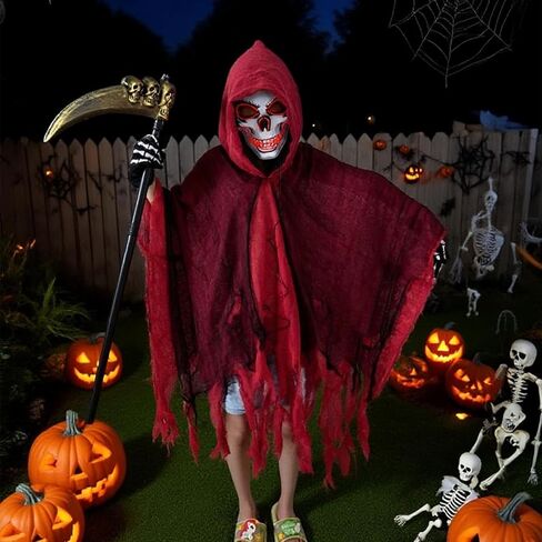 2025 Grim Reaper Costume Scary Halloween Costumes for Kids With LED Mask,Hooded Cloak,Scythe,Gloves Included in Saudi Arabia