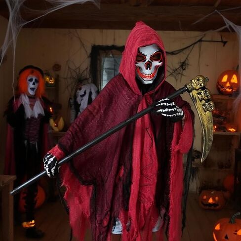 2025 Grim Reaper Costume Scary Halloween Costumes for Kids With LED Mask,Hooded Cloak,Scythe,Gloves Included in Saudi Arabia