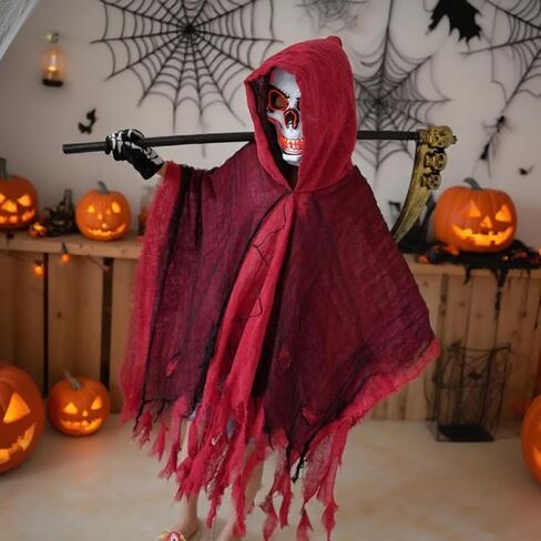 2025 Grim Reaper Costume Scary Halloween Costumes for Kids With LED Mask,Hooded Cloak,Scythe,Gloves Included in Saudi Arabia