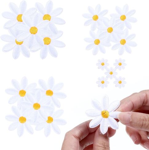 20 Pcs 4 Size Daisy Iron on Patches, Flower Embroidered Patches for DIY Decoration Clothes Appliques Embellishments Sewing for Hats, Bags, Jeans, Shirts in Saudi Arabia