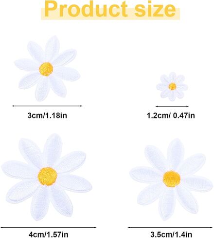 20 Pcs 4 Size Daisy Iron on Patches, Flower Embroidered Patches for DIY Decoration Clothes Appliques Embellishments Sewing for Hats, Bags, Jeans, Shirts in Saudi Arabia