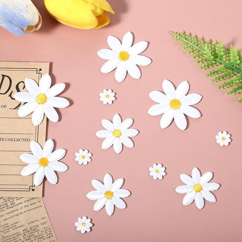 20 Pcs 4 Size Daisy Iron on Patches, Flower Embroidered Patches for DIY Decoration Clothes Appliques Embellishments Sewing for Hats, Bags, Jeans, Shirts in Saudi Arabia