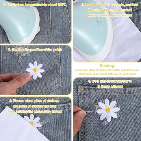 20 Pcs 4 Size Daisy Iron on Patches, Flower Embroidered Patches for DIY Decoration Clothes Appliques Embellishments Sewing for Hats, Bags, Jeans, Shirts in Saudi Arabia