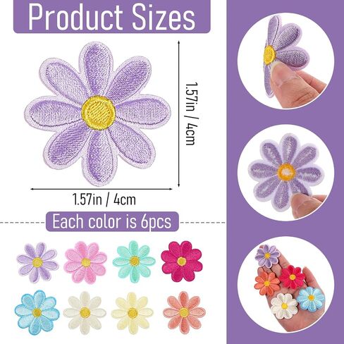 48Pcs Flower Iron on Patches, Cute Daisy Applique, Sew on Embroidered Applique Patch for Clothes Jeans Jackets Bags 8 Colors （1.6x1.6inch in Saudi Arabia