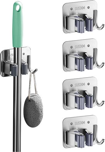 5 Pack Broom Holder Heavy Duty Stainless Steel Broom Hanger with Hooks Screw Drilling Rust Resistant Mop and Broom Holder Wall Mount for Bathroom Kitchen Laundry Room Garage - Silver in Saudi Arabia