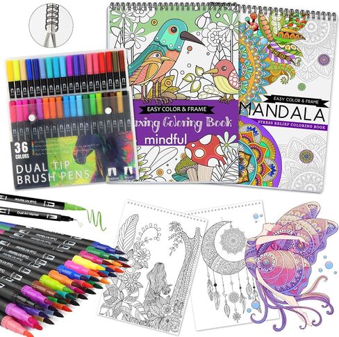 Adult Coloring Books for Women Relaxation, Spiral Bound Mindfulness Coloring Book with 36 Colors Markers, Anxiety Relief, Relaxing Gifts for Women & Men with 48 Patterns Include Mandala Animal Flowers in Kuwait