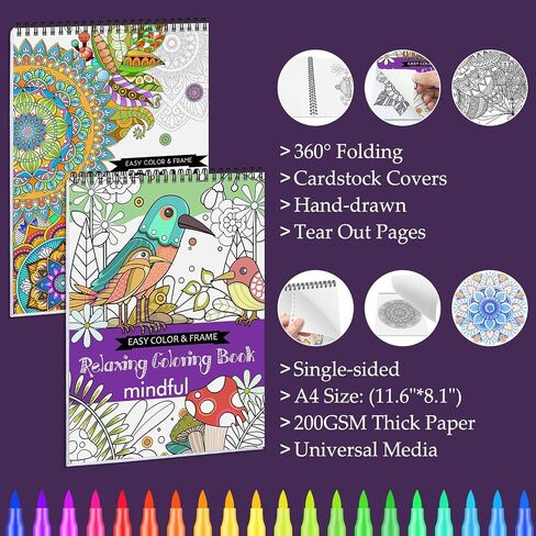 Adult Coloring Books for Women Relaxation, Spiral Bound Mindfulness Coloring Book with 36 Colors Markers, Anxiety Relief, Relaxing Gifts for Women & Men with 48 Patterns Include Mandala Animal Flowers in Kuwait