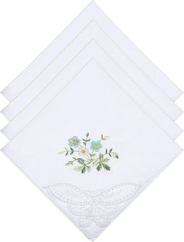 Wedding Handkerchief，4PCS White Lace Handkerchiefs for Women with Floral, 11 Inch Soft Cotton Hankerchief Ladies Suitable for Weddings Embroidered Handkerchief Show Elegance in Saudi Arabia