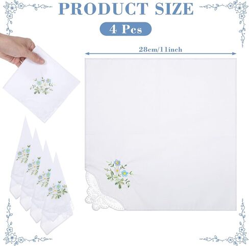 Wedding Handkerchief，4PCS White Lace Handkerchiefs for Women with Floral, 11 Inch Soft Cotton Hankerchief Ladies Suitable for Weddings Embroidered Handkerchief Show Elegance in Saudi Arabia