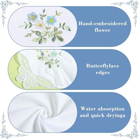 Wedding Handkerchief，4PCS White Lace Handkerchiefs for Women with Floral, 11 Inch Soft Cotton Hankerchief Ladies Suitable for Weddings Embroidered Handkerchief Show Elegance in Saudi Arabia