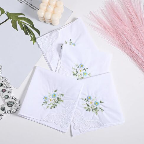 Wedding Handkerchief，4PCS White Lace Handkerchiefs for Women with Floral, 11 Inch Soft Cotton Hankerchief Ladies Suitable for Weddings Embroidered Handkerchief Show Elegance in Saudi Arabia