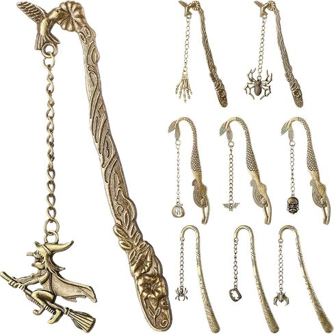 9 PCS Halloween Metal Mongmark with Chain Horror Higts Gothic Vintage Bat Skull Spider Witch Pumpkin Bookmart in Saudi Arabia