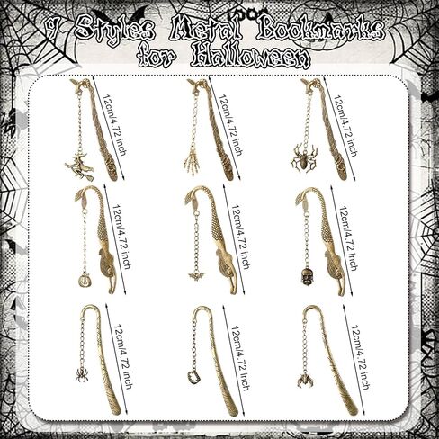 9 PCS Halloween Metal Mongmark with Chain Horror Higts Gothic Vintage Bat Skull Spider Witch Pumpkin Bookmart in Saudi Arabia