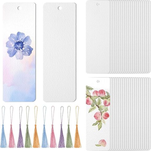 Piriuuo 50pcs Watercolor Paper Blank Bookmarks with Colorful Tassels, White Cardstock Bookmarks Bulk Watercolor Bookmark with Hole Bookmark Making Kit for DIY Projects Gifts Tags - 5.9 X 2 Inches in Saudi Arabia
