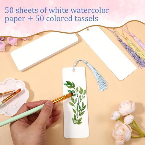 Piriuuo 50pcs Watercolor Paper Blank Bookmarks with Colorful Tassels, White Cardstock Bookmarks Bulk Watercolor Bookmark with Hole Bookmark Making Kit for DIY Projects Gifts Tags - 5.9 X 2 Inches in Saudi Arabia