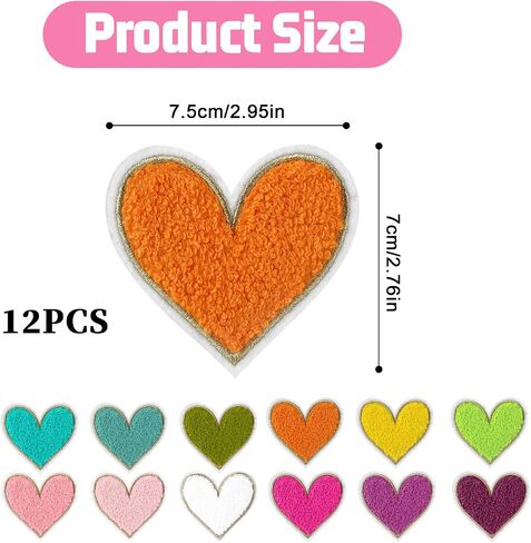 12pcs Heart Shaped Iron on Patches,2.95 x 2.76inch Colorful Embroidered Iron on Patch,Chenille Patches for Clothing,Heart Shape Sew on Patch for Clothes Jackets Jeans Hats Bags in Saudi Arabia