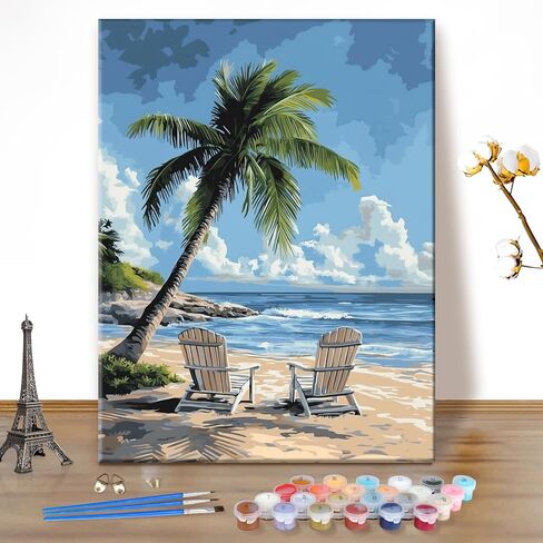 EOBROMD Paint by Numbers Kits for Adults Sunny Beach Palm, DIY Kits Crafts for Beginner, Painting Kits Adults, Oil Paint by Numbers for Home Decor Gift 16x20inch(Without Frame) in Saudi Arabia