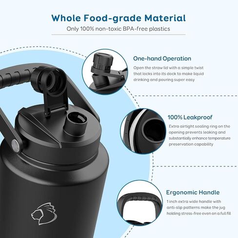 غطاء قش BUZIO سعة 128 أونصة/84 أونصة زجاجة مياه معزولة من الفولاذ المقاوم للصدأ فقط، غطاء بديل من القش بقطر 4.33 بوصة إبريق جالون معزول مع مقبض عريض كبير، سهل الحمل، مانع للتسرب وخالي من مادة BPA in Kuwait