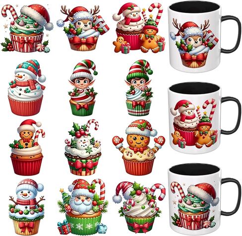 UV DTF Cup Wrap,12 Sheets Christmas Animal Cupcakes,Waterproof Transfer Stickers, Suitable for Craft Coffee Cup DIY Projects in Kuwait
