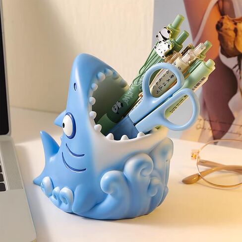 Cute Shark Resin Multifunctional Organizer: Toothbrush Holder, Makeup Brush Storage & Pen/Pencil Holder, Anti - Slip, Decorative Desk,Bathroom Accessory,Shark Decor in Saudi Arabia
