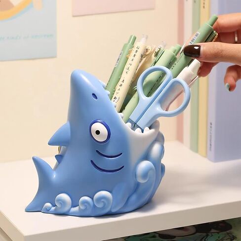 Cute Shark Resin Multifunctional Organizer: Toothbrush Holder, Makeup Brush Storage & Pen/Pencil Holder, Anti - Slip, Decorative Desk,Bathroom Accessory,Shark Decor in Saudi Arabia