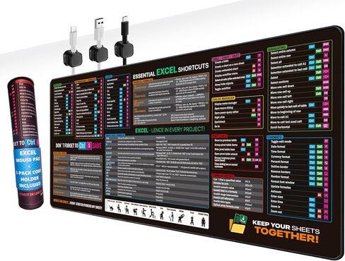Excel Cheat Sheet Desk Pad – XL Large Waterproof Mouse Pad for PC, Keyboard, Computer, Office or Gaming, Non-Slip Desk Mat with Spreadsheet Shortcuts & Formulas, 3 Cord Holder Gift (X-Large) in Saudi Arabia