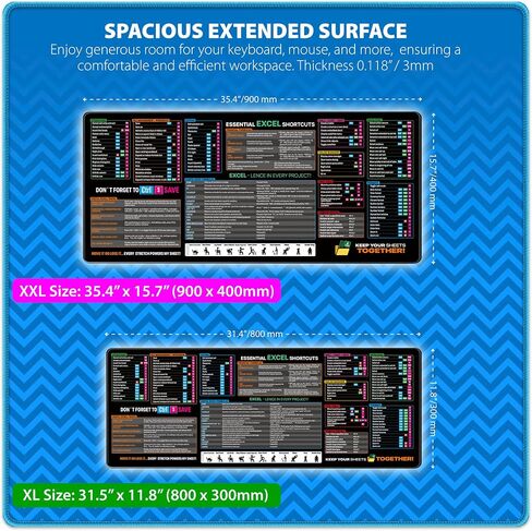 Excel Cheat Sheet Desk Pad – XL Large Waterproof Mouse Pad for PC, Keyboard, Computer, Office or Gaming, Non-Slip Desk Mat with Spreadsheet Shortcuts & Formulas, 3 Cord Holder Gift (X-Large) in Saudi Arabia